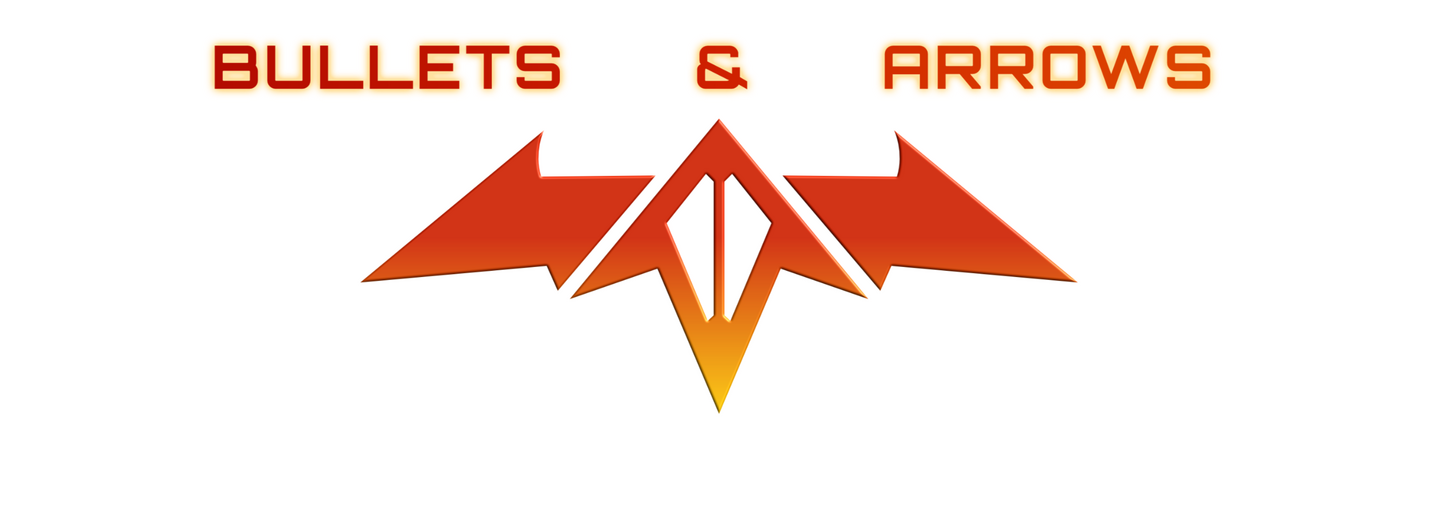 JayRoy Zine Banner, the Bullets & Arrows title is above a composite logo made of Jason's and Roy's symbols a bat and arrow in red with a shade gradient of yellow. In the background a bow and two guns in white over a city skyline in gradient of orange to pi